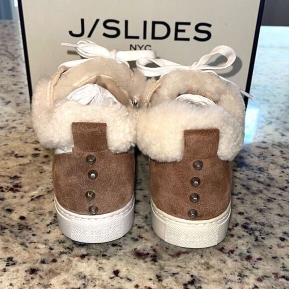 J/Slides Leslie Sheep‎ Hair Trimmed Leather Sneaker Shoes Size 6 Tan White - Picture 6 of 11